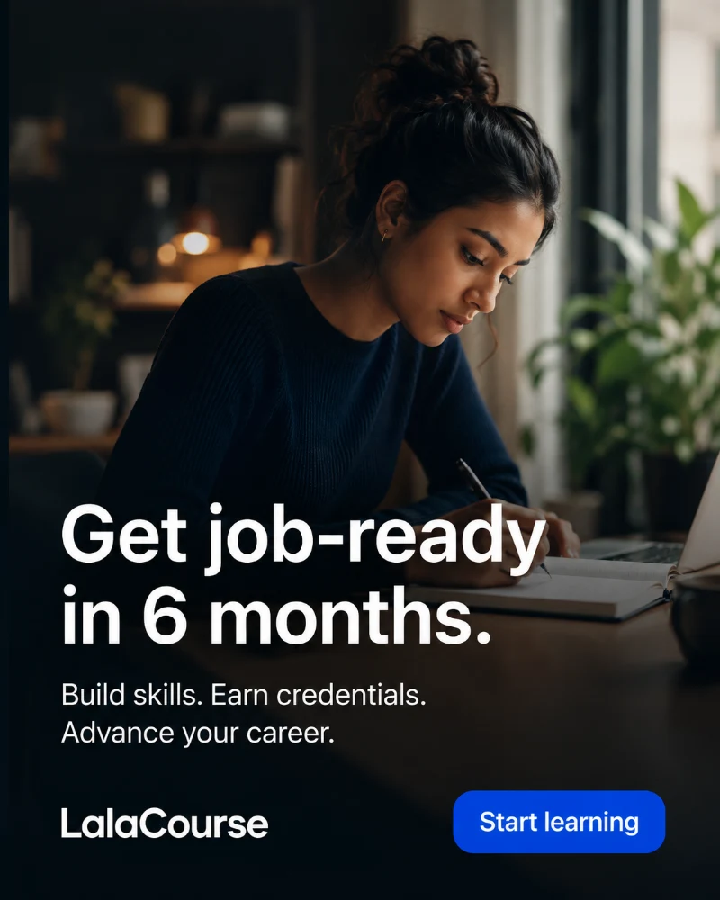 Concept advertisement leading with a dated career outcome over a study scene.
